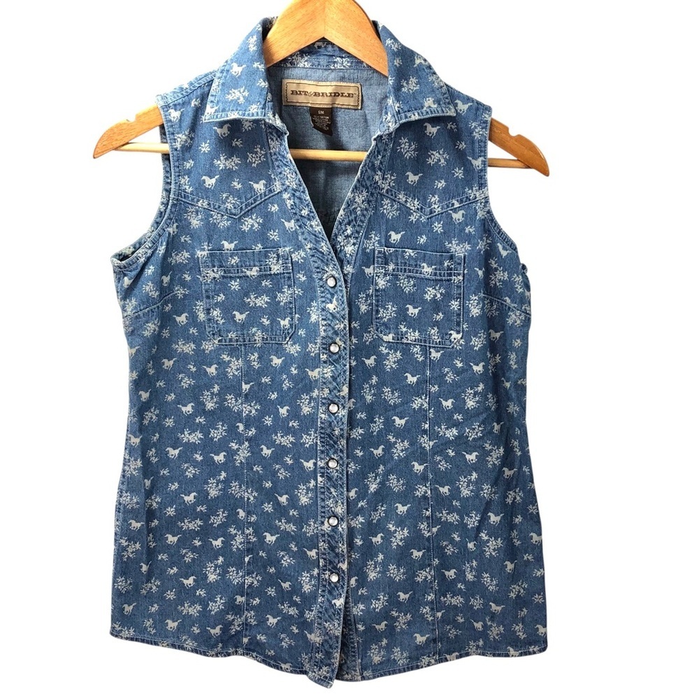 Brit & Bridle Novelty Horse Print Denim Snap Shirt Sz S Western Casual Country